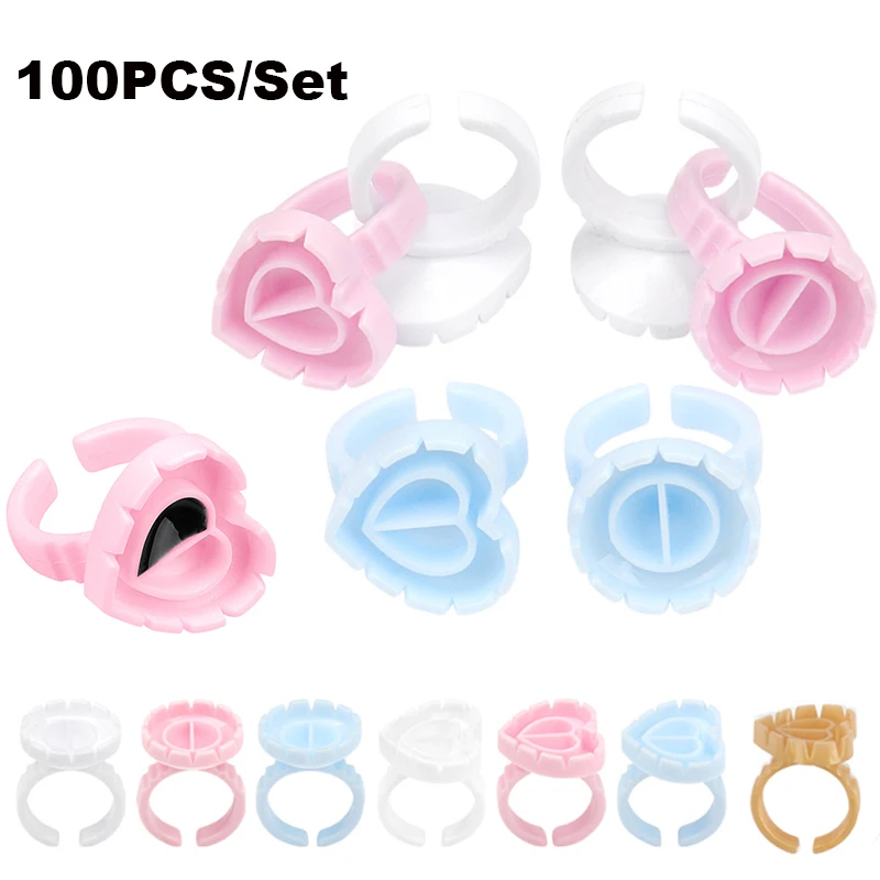 100pcs Eyelash Glue Cup Rings Holder Lash Extension Supplies Disposable Glue Bows Heart Shape Eyelash Extension Glue Cup Rings