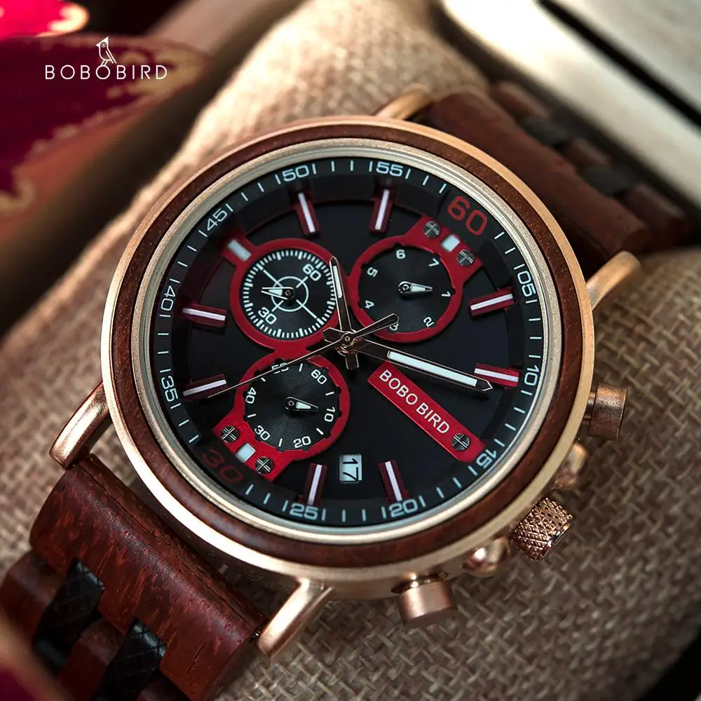 

heren horloge BOBO BIRD Wooden Men Watch Chronograph Auto Date Week Stopwatch Luminous Hand Quartz Military Timepieces Dropshipp