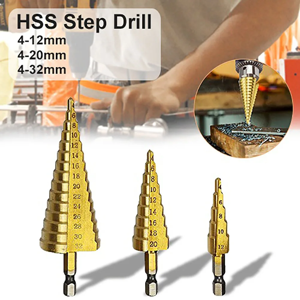 4-12/20/32mm HSS Titanium Coated Step Drill Bit High Speed Steel Wood Hole Cutter Step Cone Drill Metal Drilling Power Tools