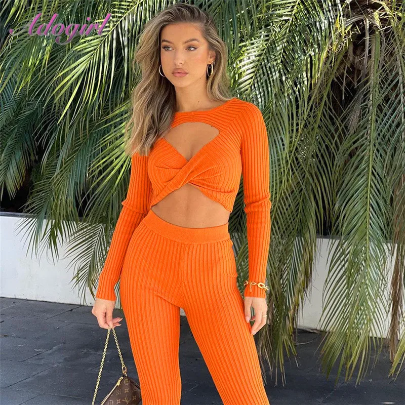 Ribbed Knitted Two Piece Set Women Casual Pleat Sleeve Hollow Out Crop Top Loose Slim Pants Autumn Outfit Streetwear Tracksuit