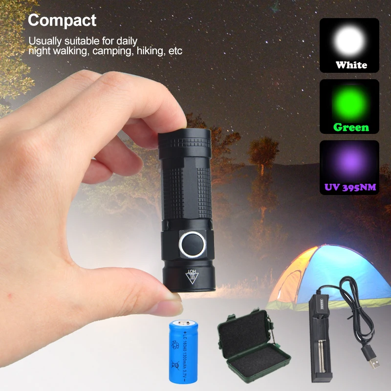 USB recarregável lanterna LED, Caminhadas portáteis, Tiny 3Mode, tocha branca, lâmpada impermeável, Clip EDC, 395nm, 16340, carregador e caixa