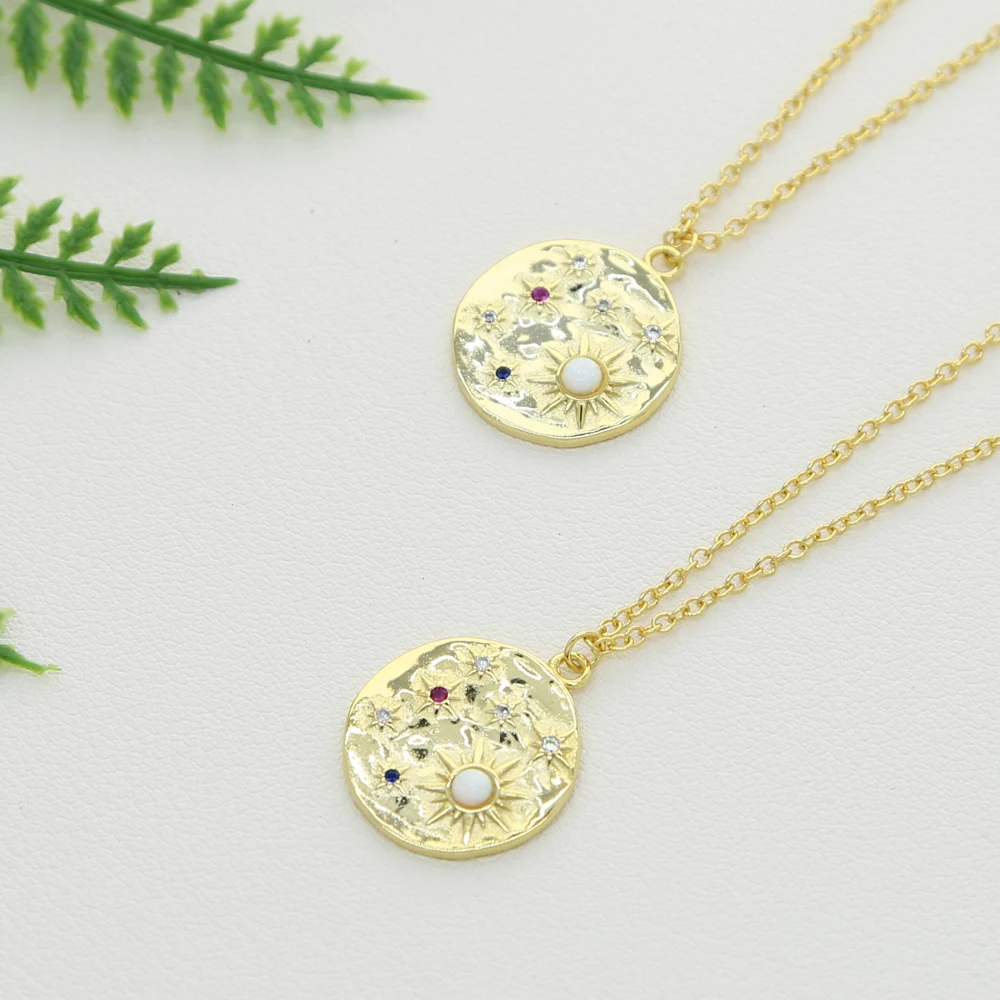 Gold Plated Coin Necklace Geometric Round Disco Disk Charm Engraved Mutli Color Cz Fire Opal Northstar Christmas Fashion Jewelry