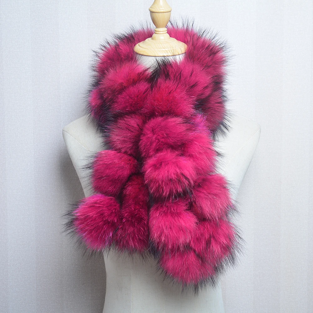 New Style Fashion Luxury Women Real Raccoon Fur Scarves Pompom Lady Winter Warm Natural Fox Fur Scarf Fluffy Genuine Fur Muffler