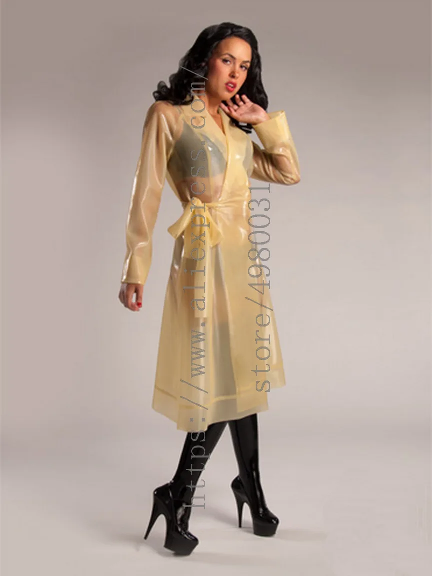 Costume en latex transparent 100% pour femmes, manteau long et sexy fait à la main en latex naturel de 0.4mm d'épaisseur