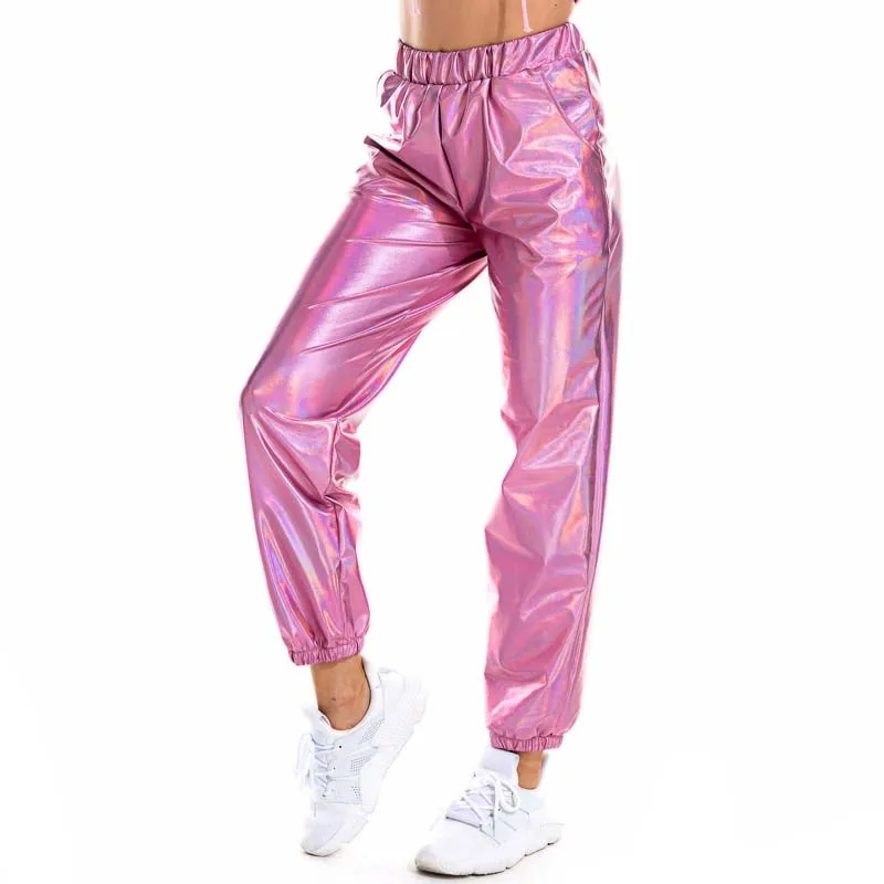 

Shiny Holographic Women Pants Loose High Waist Metallic Trousers Dance Performance Hip Hop Pants Streetwear Joggers