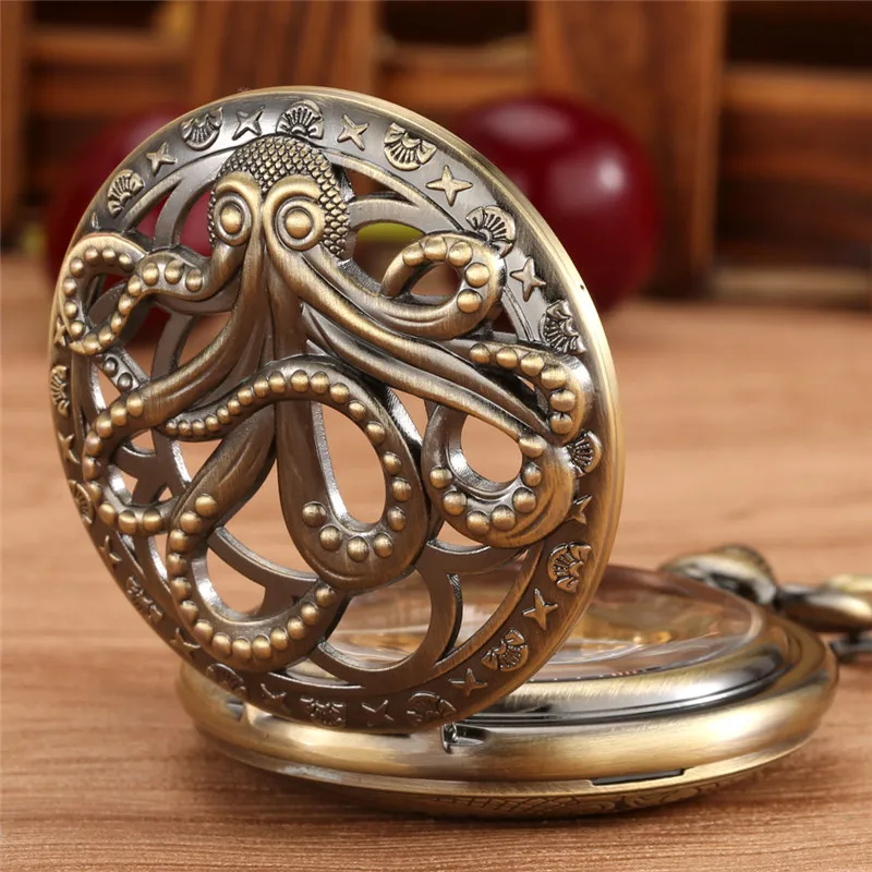 Stempunk Hollow Octopus Design Men Women Mechanical Hand Winding Pocket Watch Roman Number Fob Chain Skeleton Clock