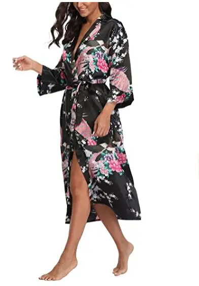 Sexy Lounge Casual Nightdess Voor Vrouwen Nachtkleding Vrouwelijke Losse Print Bloem Kimono Badjas Royal Blue Lange Robe Gown Met Riem