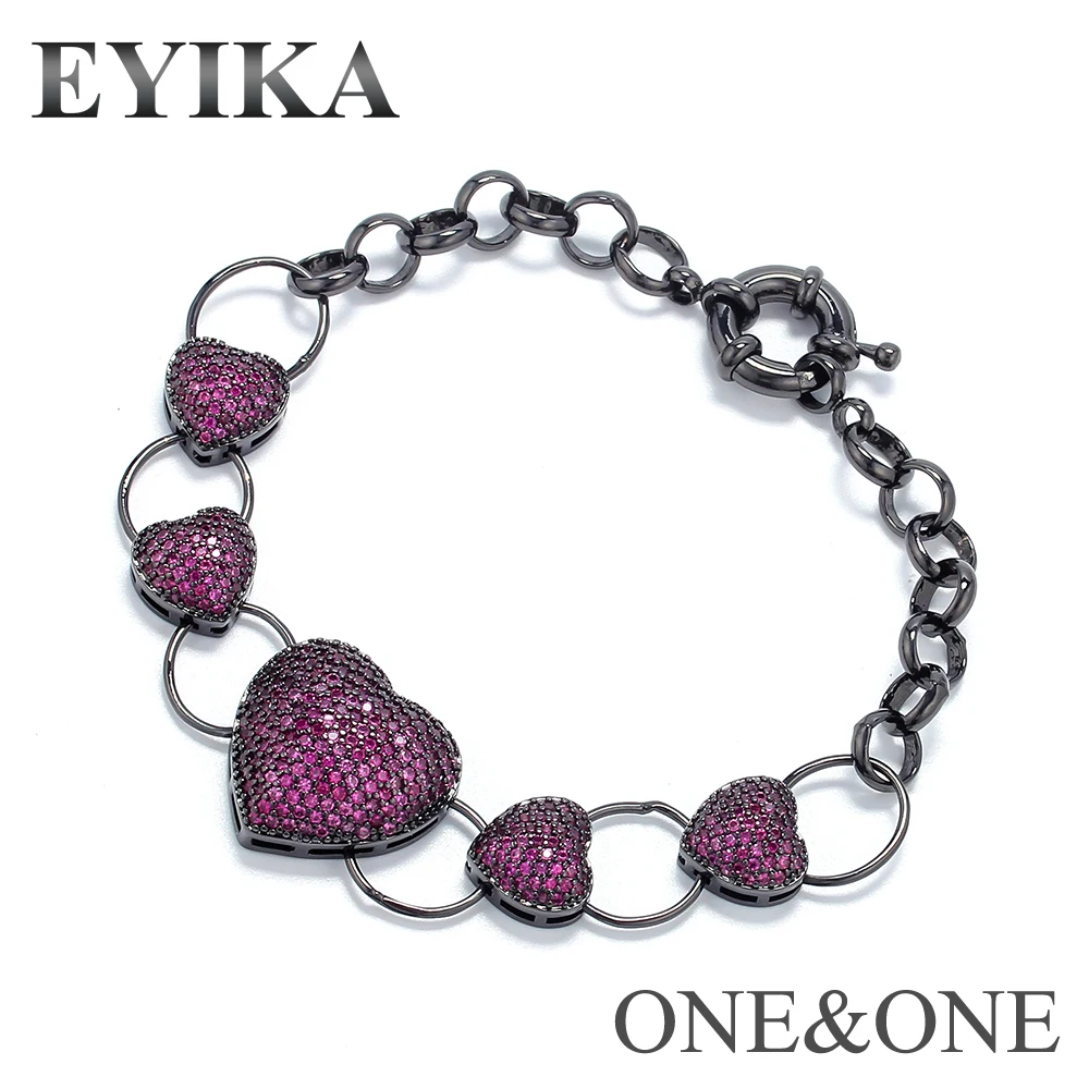 

EYIKA Rose Red Stone Bracelet Love Heart Bangle Pave White Black Cubic Zirconia Women Hot Sale Jewelry Delicate Gift for Lovers