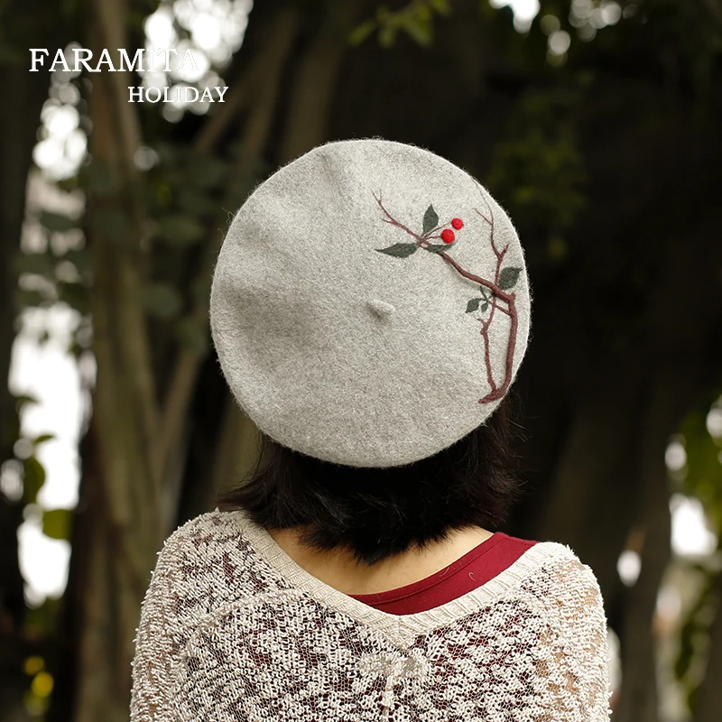 

faramita holiday 2021 forest Berry branches women painter hats vintage 3D berets 100% wool handmade beret kids child hat caps