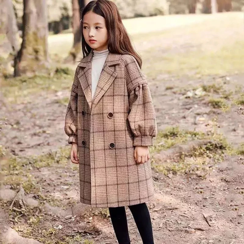 High Quality New Spring Winter Teenager Girls  Warm Thicken Woolen Long Coat Khaki Plaid Trench Jackets Children Outerwear Parka