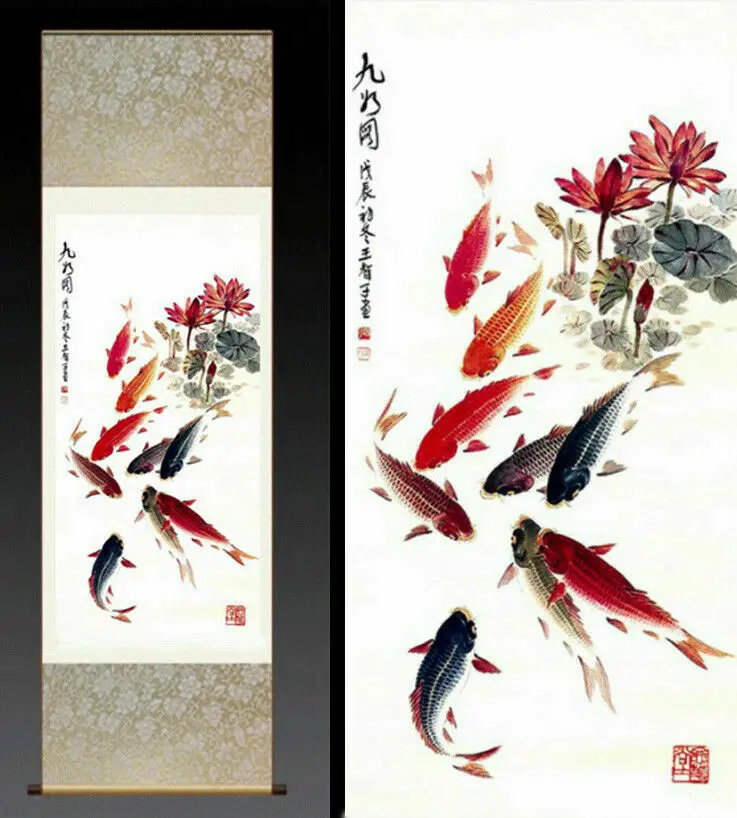 

Chinese Silk Scroll Painting Lotus Nine Fish Home Office Decoration