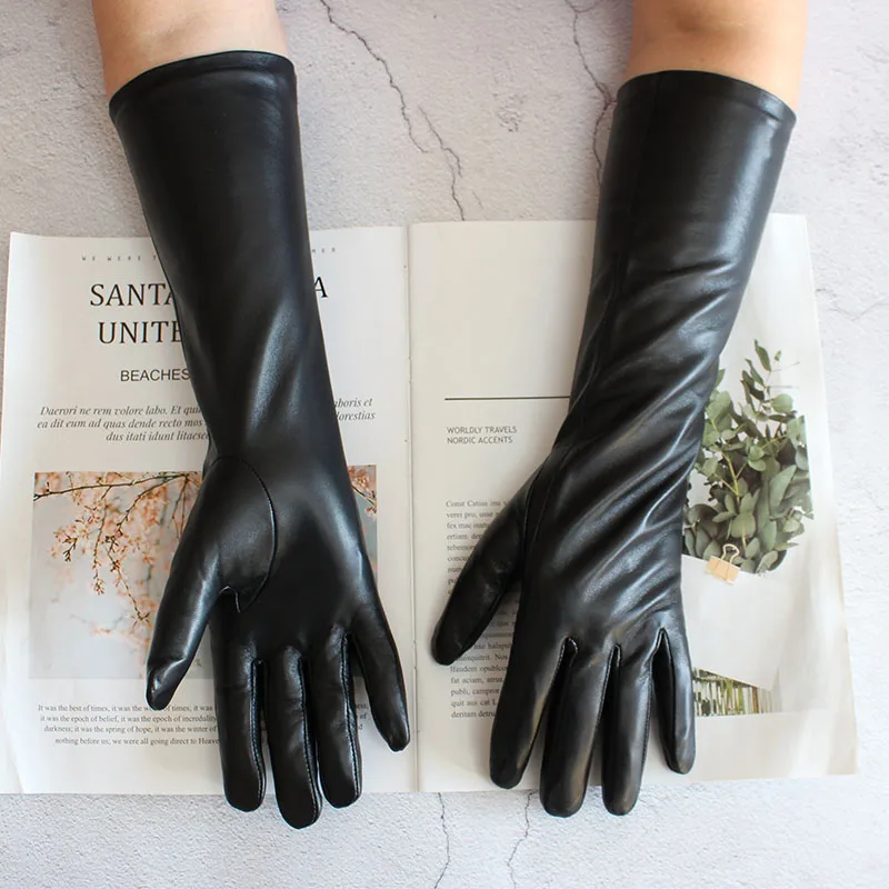 Guantes largos de piel de oveja con pantalla táctil de 37cm, forro de terciopelo de cuero negro para mujer, dedos cálidos rectos a la moda para