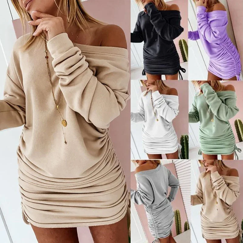 New Dresses Women Mini Dress Ladies Casual Women\'s Dress Sexy Drawstring Pleated Long Sleeve Party Dress Sukienka