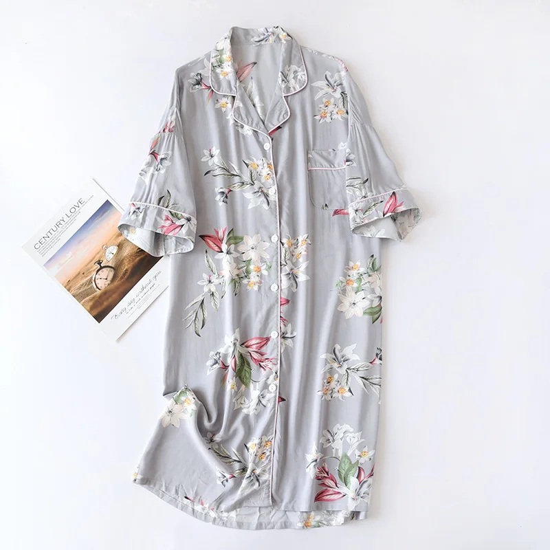 Summer Autumn Casual Nights Women Short Sleeve Flower Nightgown Loose Sleep Shirt 100% Viscose Sleepwear for Women Nightdress