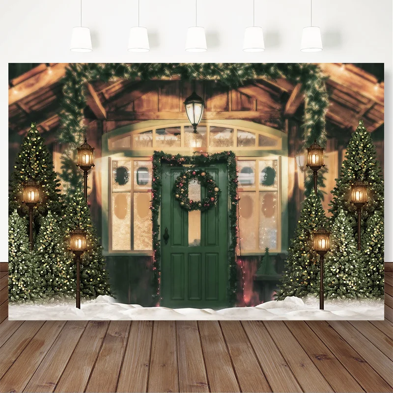 คริสต์มาสฉากหลังสำหรับถ่ายภาพDarkสีเขียวไม้ประตูพื้นหลังPhotocallภาพพื้นหลังคริสต์มาสตกแต่งต้นไม้