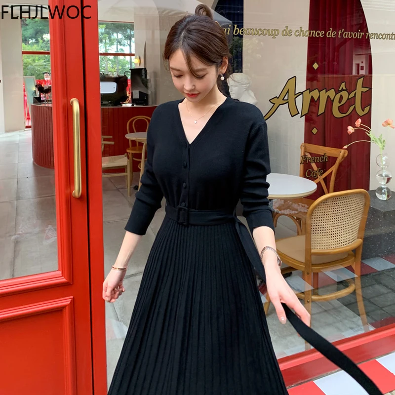 Chic Korea Feminine Vestidos Hot Sales Women Fashion Elegant Lady Turtleneck Belt Knitted Sweater Shirt Dress