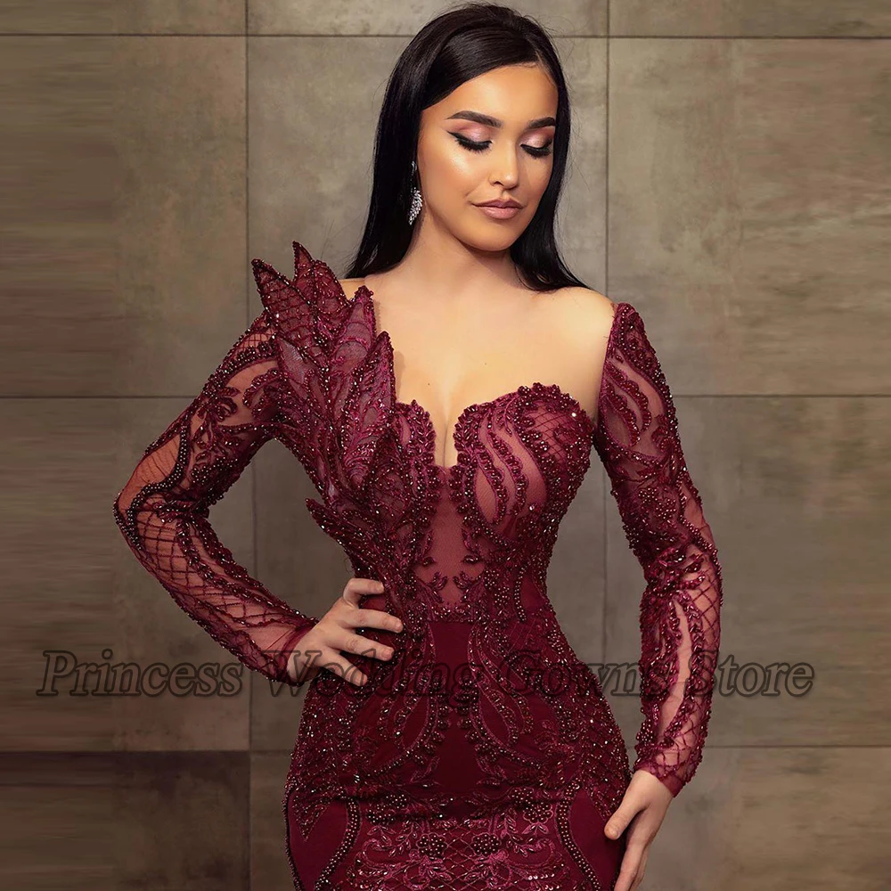 Robe de soirée bordeaux longue et luxueuse pour femme, tenue de mariage, longueur au sol, manches longues, paillettes et perles, en dentelle, 2022