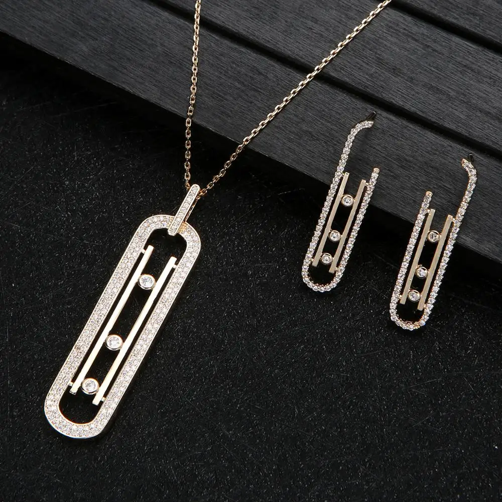 Luxury Geometry Link Stackable Pendant Necklace Earring ring set Beautiful Full Cubic Zircon Charm Women  Jewelry Gift e9361