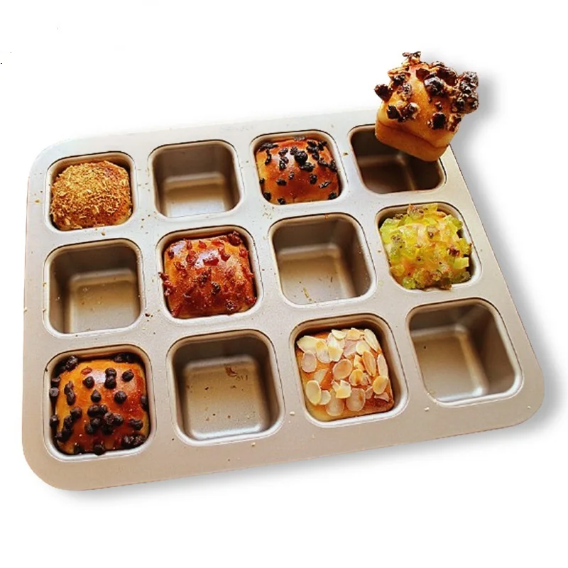 

Easy To Clean Gold 12 Cup Square Bread Moulds Non Stick Hamburger Pans Moulds Pastry Dessert Tools