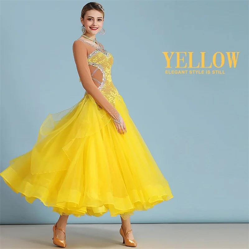 Vestido de baile de salón de Tango de competición amarillo, ropa de actuación elegante para mujer, moda de alta calidad