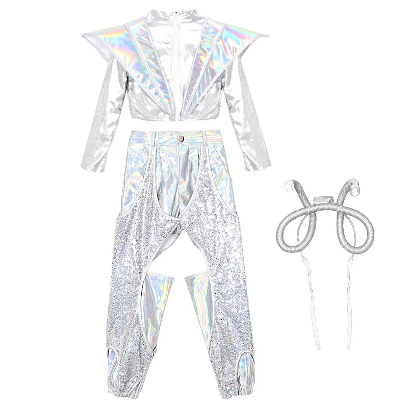 Girls Catwalk Show Costumes Children Model Stage Silver Sequin Shiny Clothes Festival Clothing Kids Jazz HipHop Clothing DQL6308