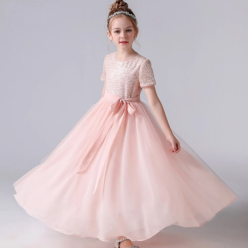 

DIDEYTTAWL Pink Sequined Flower Girl Dresses Tulle Junior Bridesmaid Dress Kids Wedding Birthday Party Pageant Gowns