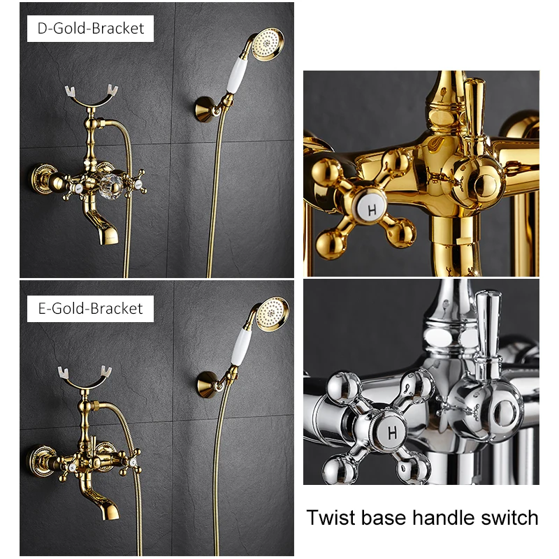 Luxury Crystal Handle Bathtub Gold Brass Faucet with Hand Shower Telephone Type Bath Faucets Sets Mixer Tap Wall Mounted EL8310G