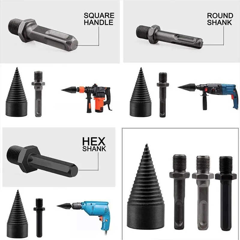 48mm Firewood Splitter Machine Drill Bit Round/Hexagonal Shank Wood Splitting Cone Reamer Punch Driver Bits Woodworking Tools