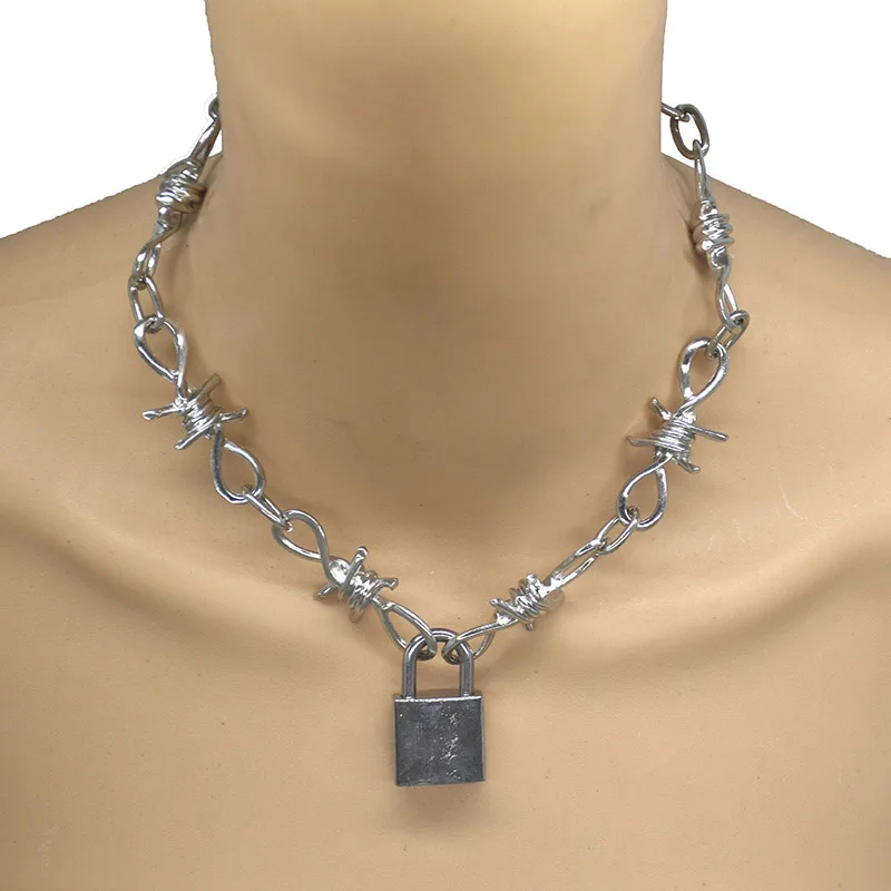 

Handmade Punk Thorns Necklace Hip Hop PadLock Pendant Choker Punk Necklaces Statement Streetwear Collar