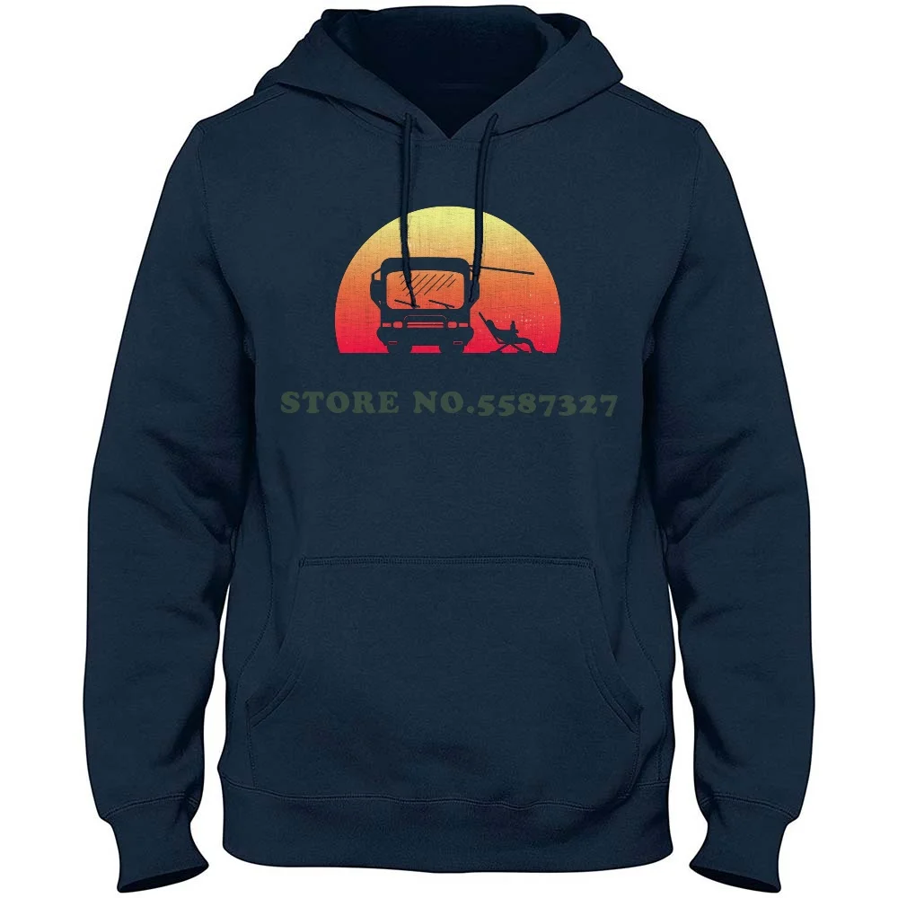 Classic Motorhome At Sunset With Owner Sitting Out Front ( Textured ) 100% Pure Cotton Hoodie Classic Sunset Travel