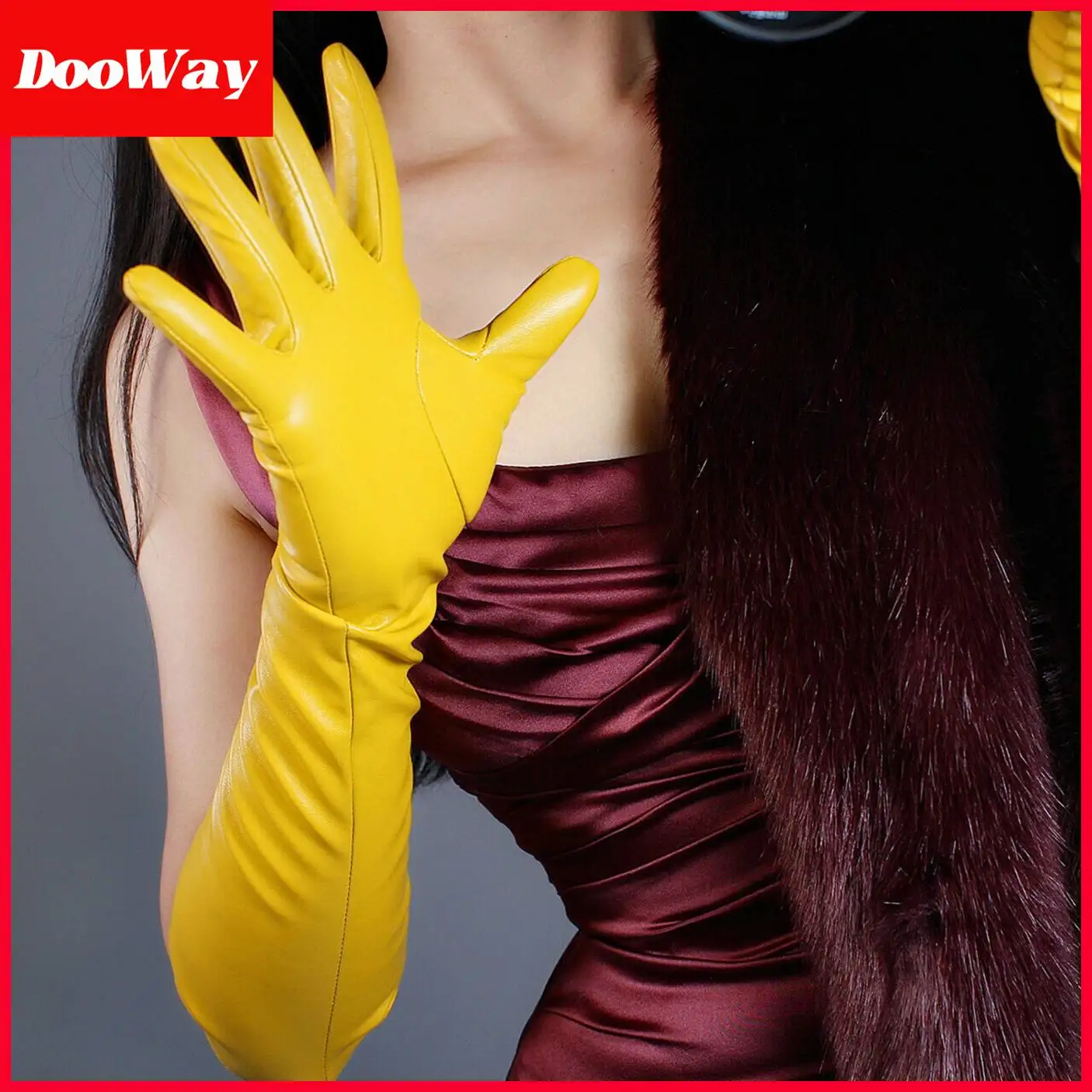 DooWay Women Mustard Opera Gloves Ginger Yellow Long Faux Leather Arm Long Stretchy Evening Party Cosplay Dressing Costume Glove