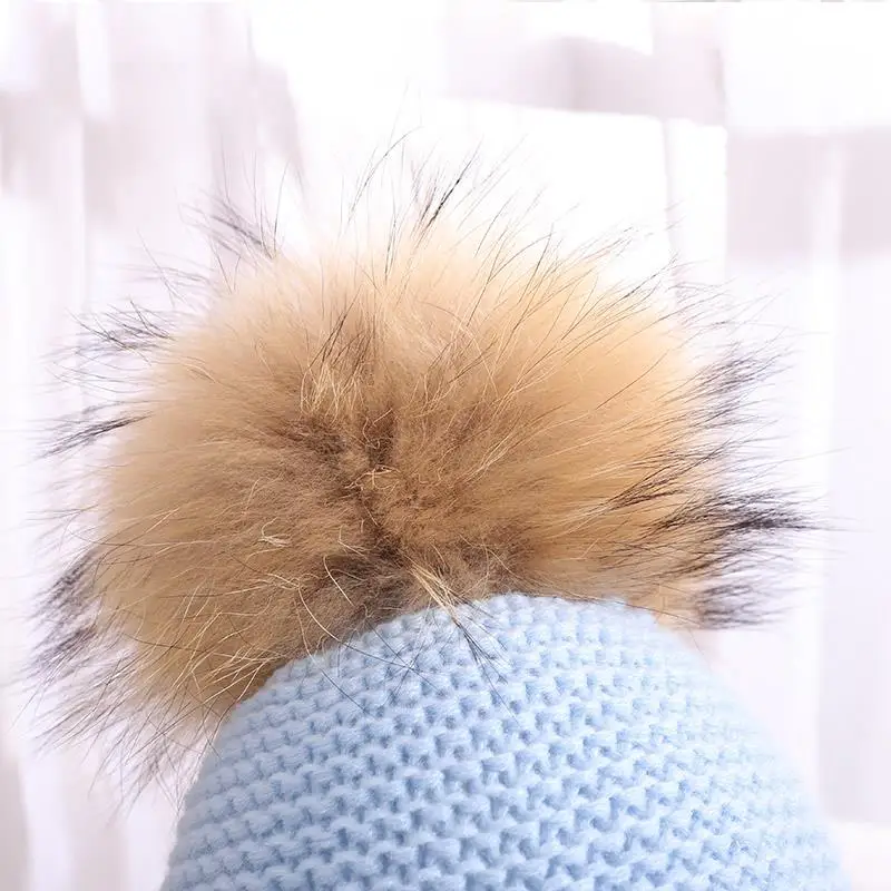 NEW Fashion Children Winter Raccoon Fur Hats 100% Real 15cm Fur pompom Beanies Cap Natural Fur Hat For Kids Children