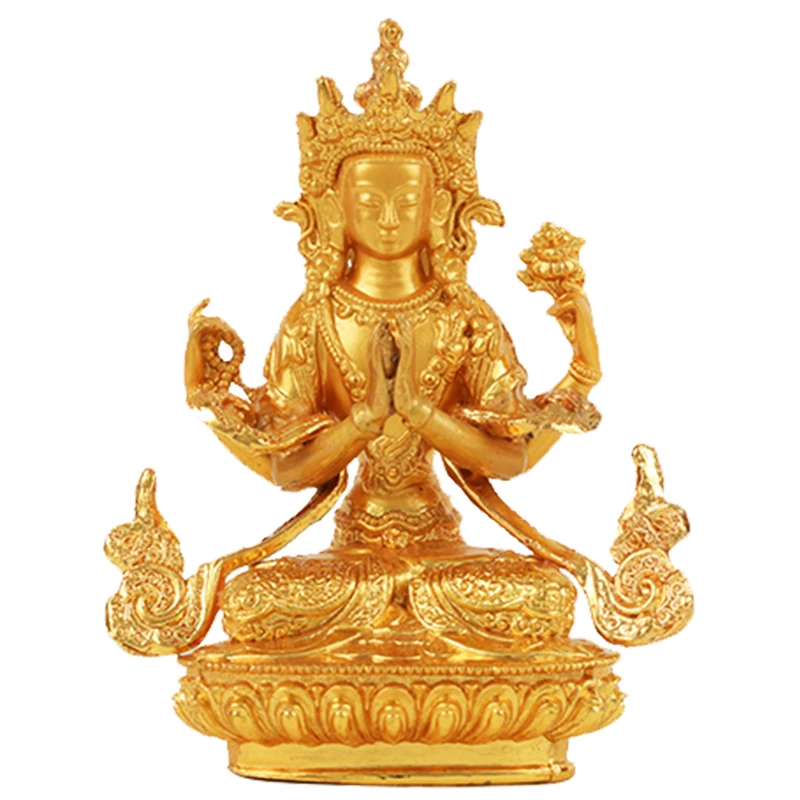 Four-Armed Guanyin Alloy Small Buddha Statue Gilded with Tibetan Tantra Can be Installed a Height of 6CM