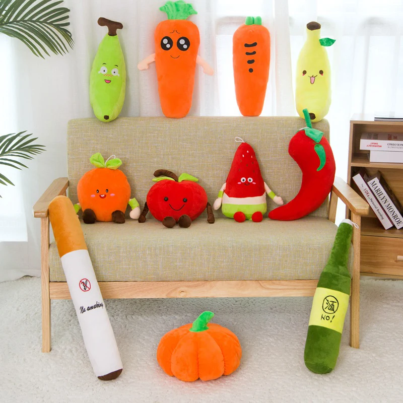 30-60CM Fruit And Vegetable Plush Toy Banana Cherry Watermelon Fruit Pepper Pumpkin Carrot Cigarette Bottle Creative Toy