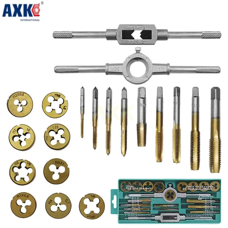 

20pcs/set Tap Dies Set NC Screw Thread M3-M12 Plugs Taps Titanium plating Hand Screw Taps Hand Tools tap drill タップダイスセット AXK