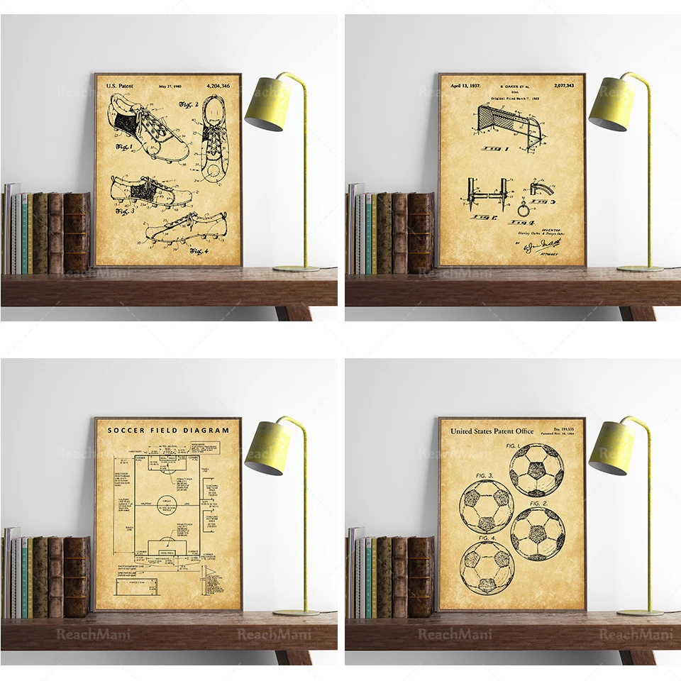 Football wall art, 4-piece set, football patent poster, football, shoes, goal, stadium poster