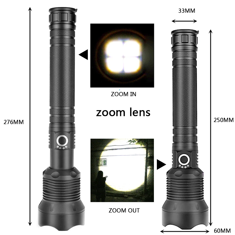 Die hellste 1000.000 LM XHP160Led-Taschenlampe, zoombare wiederaufladbare USB-Taschenlampe, 18650 26650 Akku-Laterne für Camping