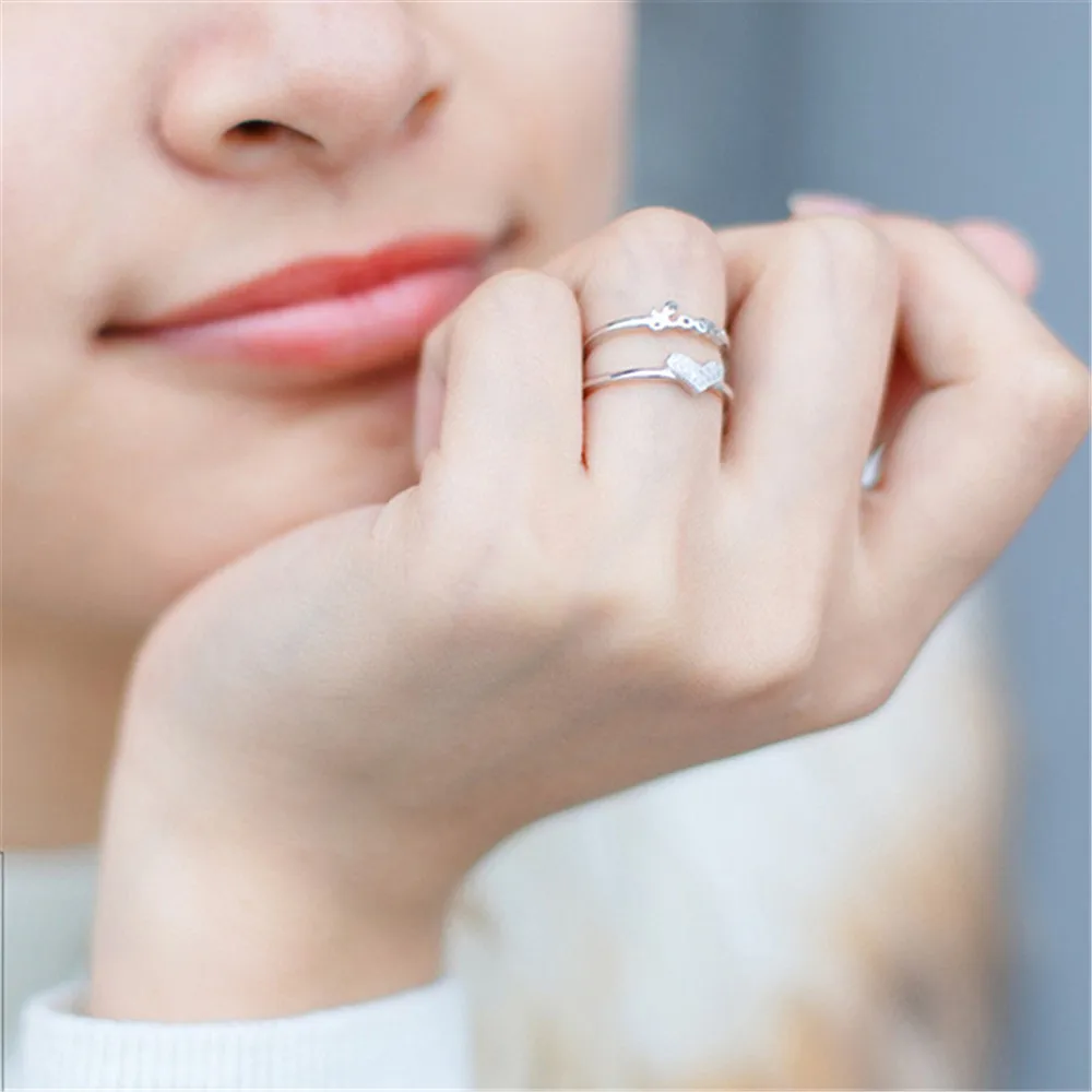 Buyee 925 Sterling Silver Heart Ring Finger Light White Zircon Sweet Open Ring for Woman Family Party Fine Jewelry Circle