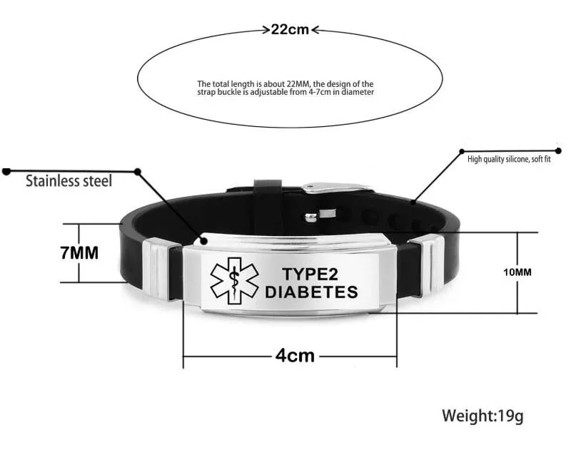 Medical Alert ID Bracelet Laser Engraved Type 1/2 Diabetes PACEMAKER Adjustable Wristband for Kids Women Men Emergency First Aid