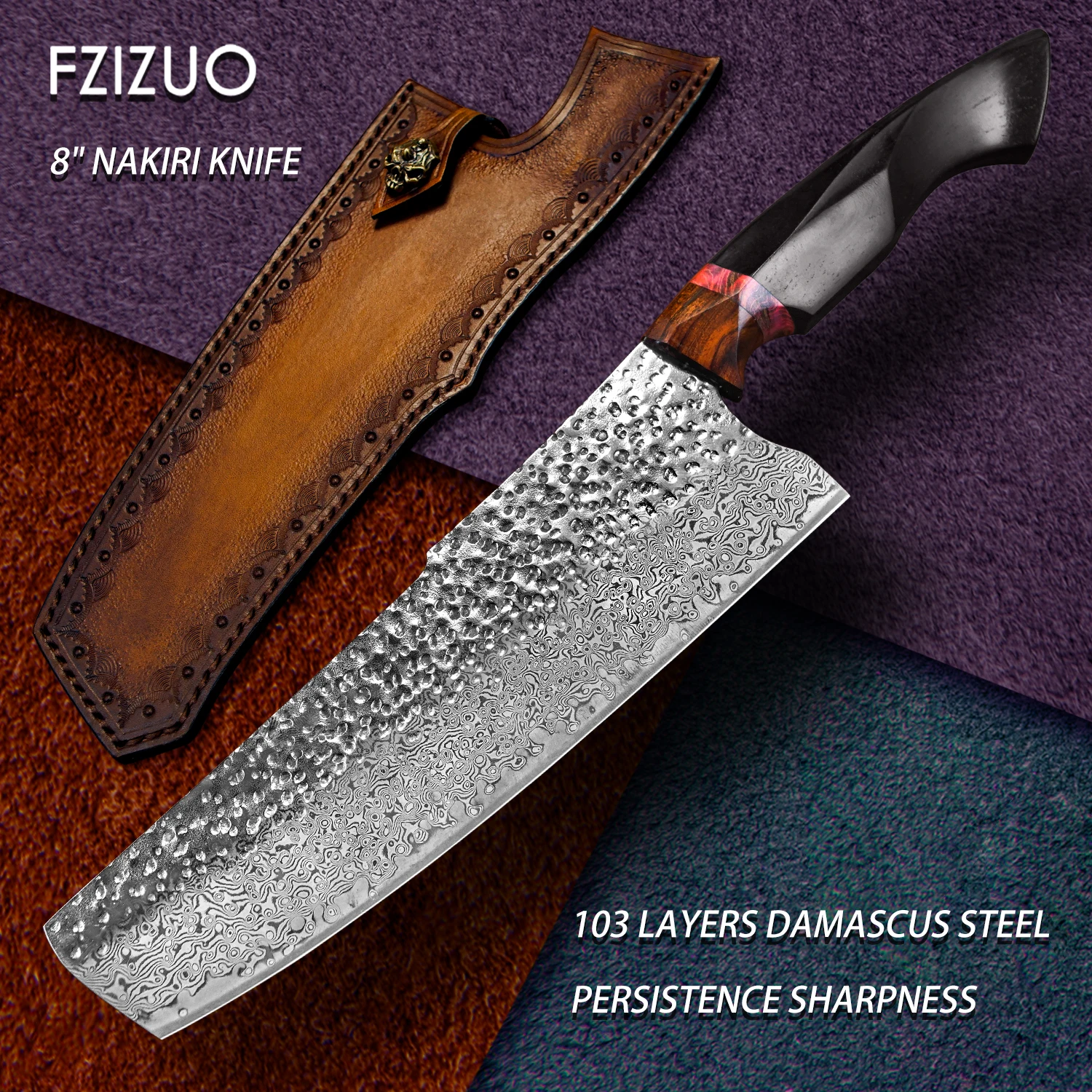 

FZIZUO 8" VG10 Damascus Steel Nakiri Knife Ebony Handle Japanese Chef Knife Chinese Cleaver Vegetable Knives Kitchen Cutlery