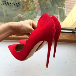 Tikicup Solid Red Flock Women Curl Cut Pointy Toe High Heel Wedding Bridal Shoes Elegant Ladies Designer Slip On Stiletto Pumps