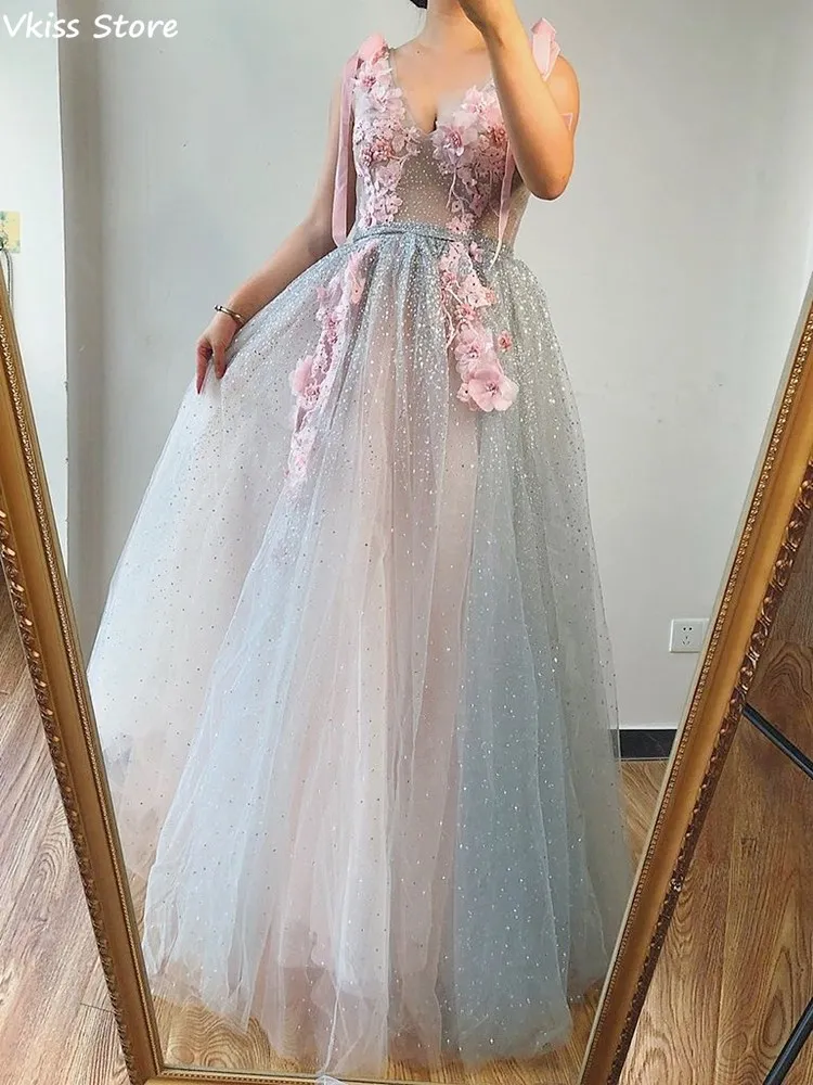 Sexy V-hals Avondjurk 2020 Vkiss 3D Bloemen Sequin Tulle Illusion A-lijn Floor Lengte Voor Meisje Prom Jurk Vestidos Formales