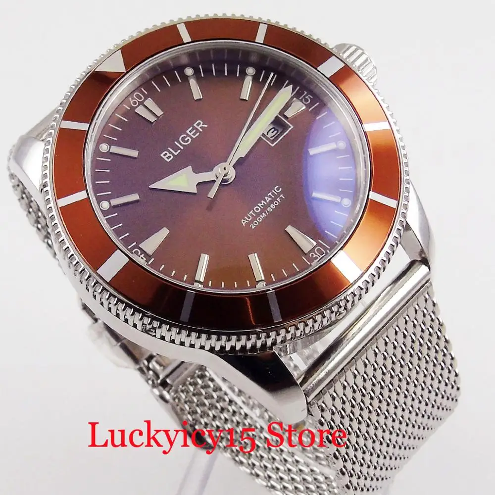 Coffee BLIGER Classic 46mm Stainless Steel Automatic Men Watch Date Function Date Window Rotating Bezel