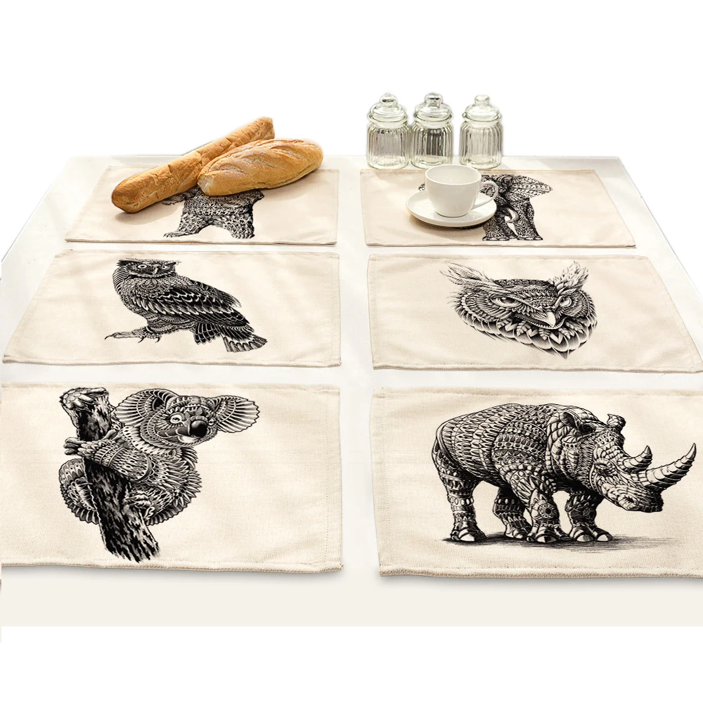 Animal Print Mat Pad Koala Tiger Cat Drink Coasters Set Placemat for Dining Table Bowl Elephant Kitchen Tea Party Decorations