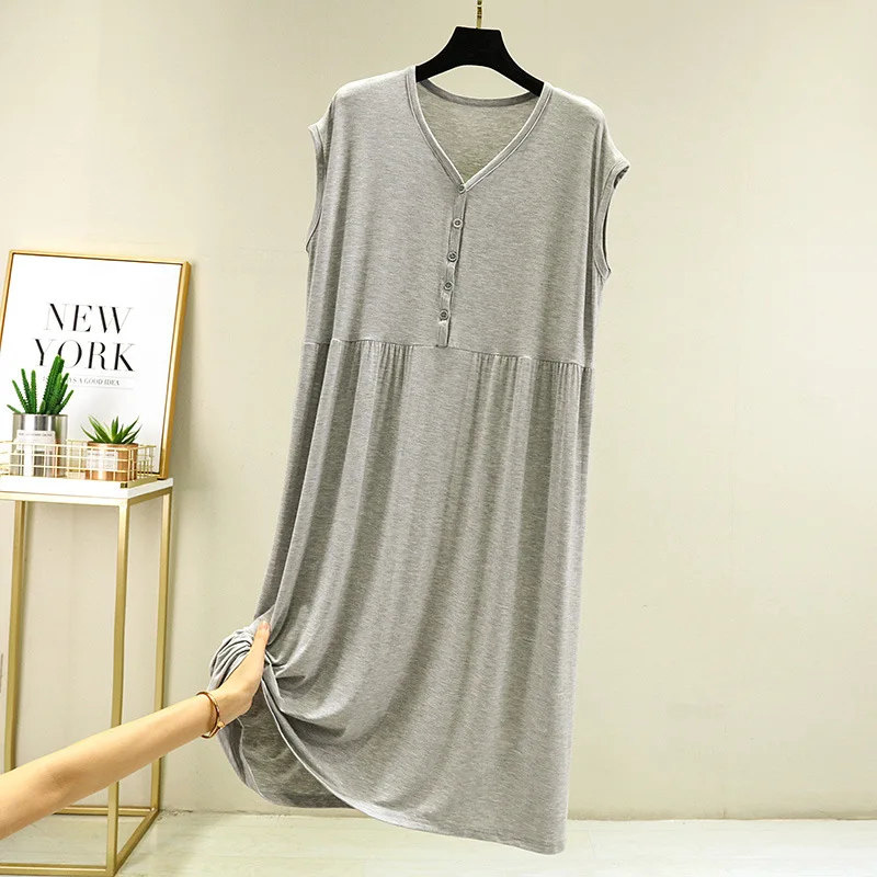 Buttons Large Size Loose Nightgowns For Women Sexy V Neck Sleeveless Long Dress Summer Nightdress Female Lounge Night Shirt