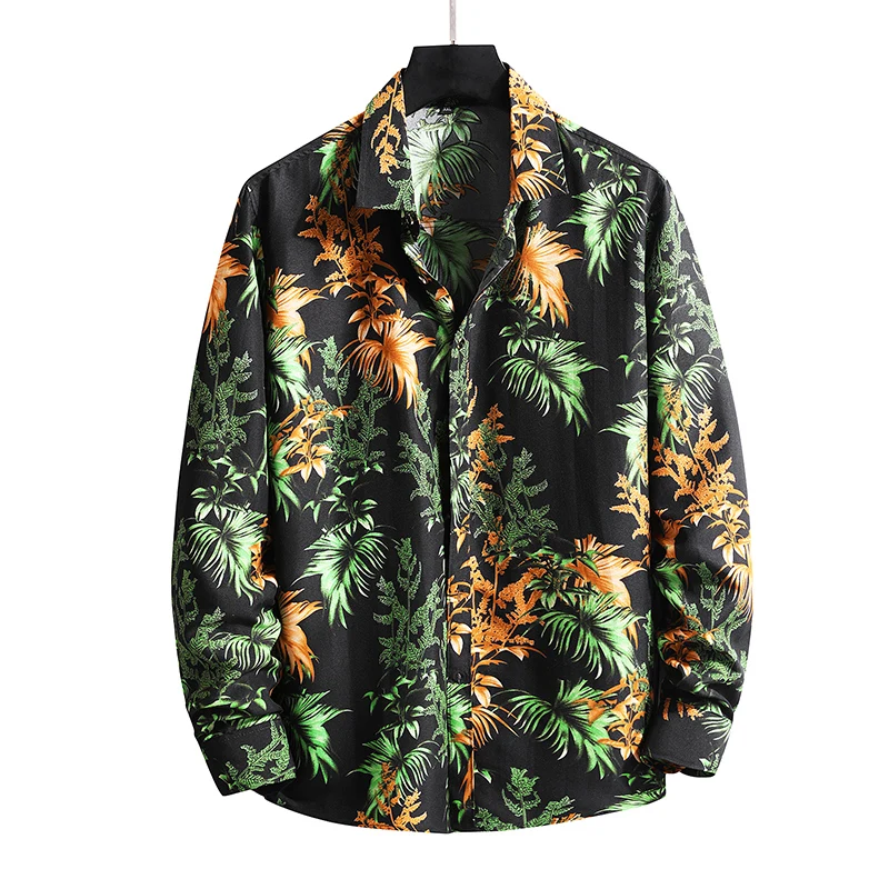 Men's Fashion Print Long Sleeve Shirt Plus Size 6XL 7XL Hawaiian Beach Casual Floral Shirts Men