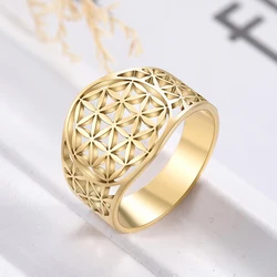 Aesthetic Gold Color Flower Rings Vintage Flower of Life Elegant Stainless Steel Zircon Ring Jewelry Wedding Anniversary Gift