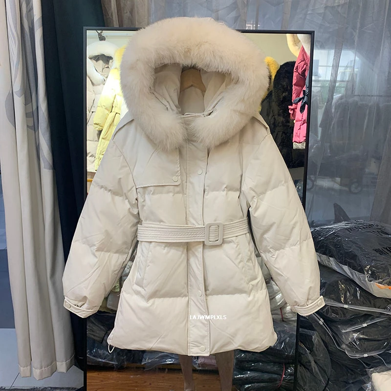 2021 New Winter Real Fox Fur Collar down jacket women with belt Hooded Parkas White Duck Down Coats Thick Warm Outerwear YR06