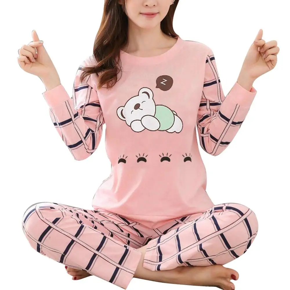 Winter Cute Cartoon Cater Print Pajamas Long Sleeve Two Piece Home Wear Women Casual O-Neck Pyjamas