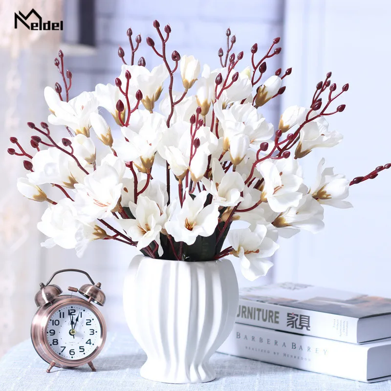 Bouquet de Fleurs Artificielles Magnolia, Décoration de Mariage, Plante Verte, Fausse Fleur, 5 Fourcommuniste, 20 Têtes